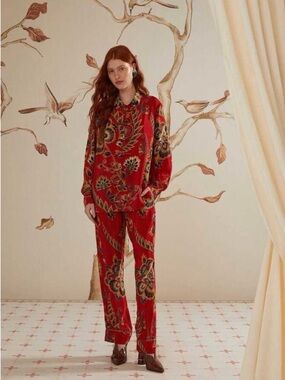 FARM Rio Red Floral Button-Up Set with Mustard and Teal Accents